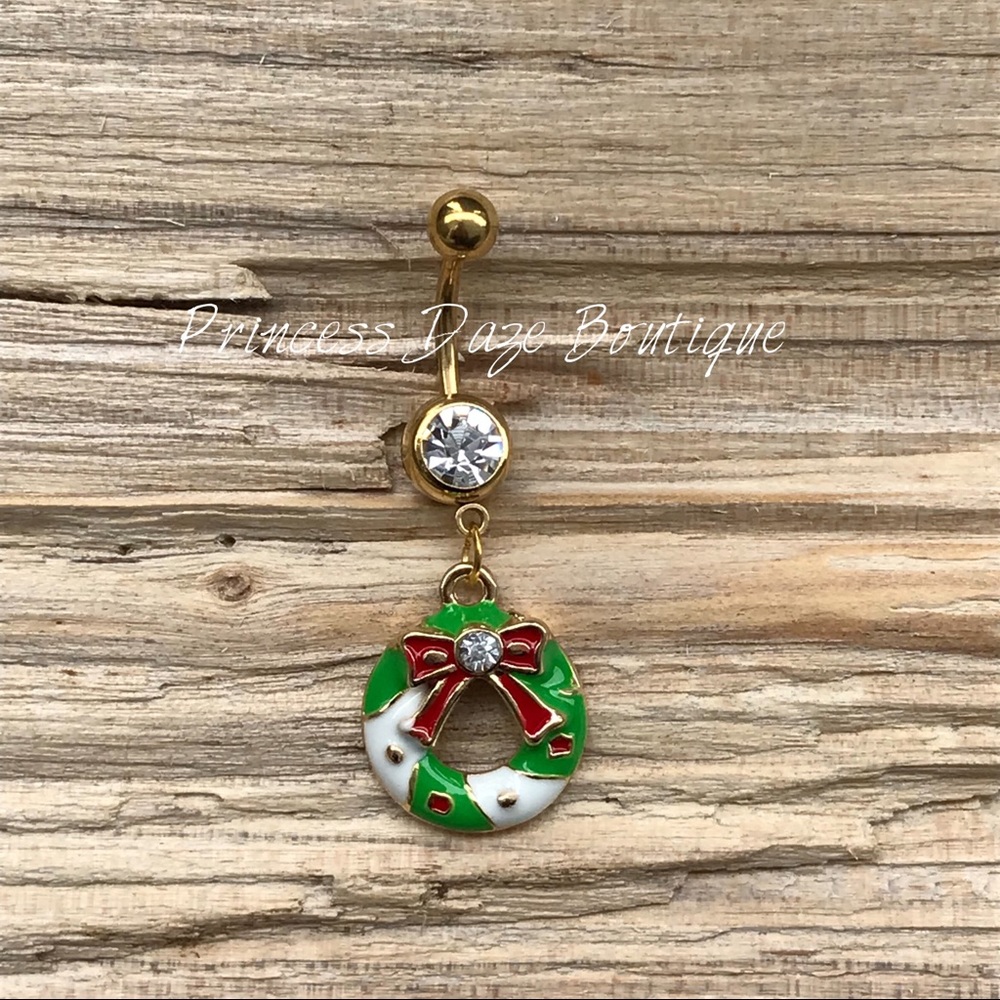 Gold Holiday Wreath Belly Button Ring